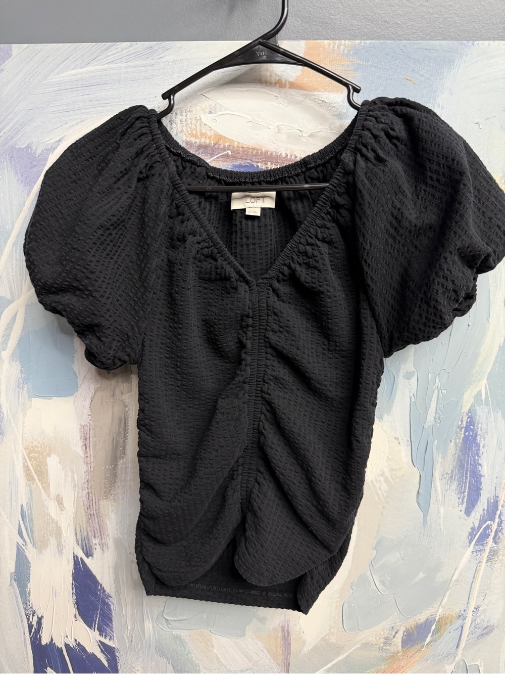 LOFT 100% Cotton Black Textured Puff Sleeve V Neck Blouse Ruched Short Sleeve